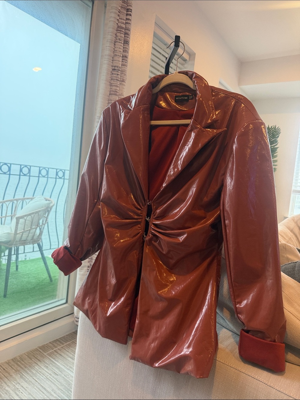 Zara Patent Faux-Leather Rust Blazer with Ruched Front